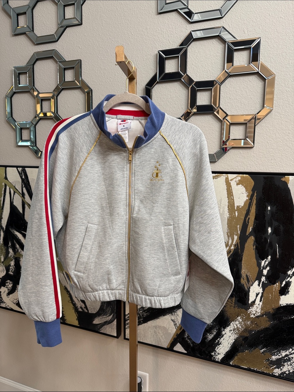 Champion Gray Track Jacket with Red & Navy Stripe